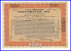 NEW YORK 1927 Photomaton Inc Stock Certificate Produced 1st Photo Booth