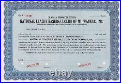 National League Baseball Club Of Milwaukee Specimen Stock Certificate Circa 1953