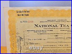 National Tea Company 1925 Original Stock Certificate Merrill Lynch Signed