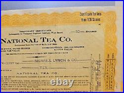 National Tea Company 1925 Original Stock Certificate Merrill Lynch Signed