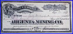 Nevada NV, Elko County'Argenta Mining' 1887 Stock Certificate Tuscarora Dist