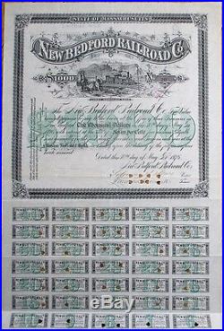 New Bedford Railroad Co.' Large 1876 Stock/Bond Certificate Massachusetts MA