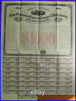 New Orleans, Baton Rouge & Vicksburg Railroad 1872 Bond Certificate LA / MS