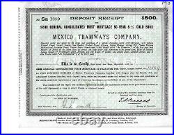 Original Antique Mexico Tramways Company $500 Bond Certificate, 1916