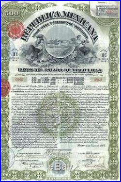Original Mexico 1907 Bond Loan State Tamaulipas $500 UNCANCELLED DECO coupons