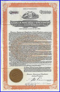 PENNSYLVANIA 1919 Scranton Montrose & Binghamton Railroad Co Bond Certificate