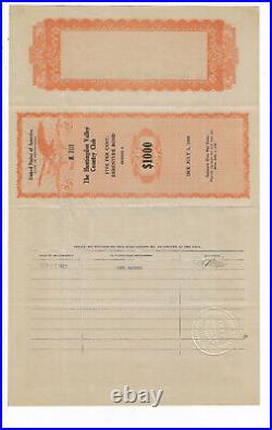 PENNSYLVANIA 1927 Huntingdon Valley Country Club Bond Stock Certificate Rare