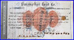 Panama Rail Road Company' 1872 Stock Certificate withImprinted Revenue IR Stamp