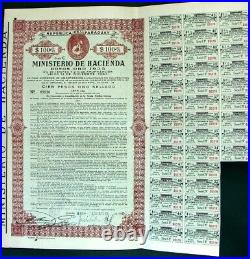 Paraguay 1935 Gold Internal Oro Sellado 1939 Ministerio Hacienda $ 100 Bond Loan