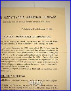 Pennsylvania Railroad Company February 27, 1931 Shareholders Letter