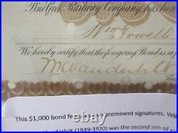 Pine Creek Railway Co. 1885 First Mortgage Bond Signed By William K Vanderbilt