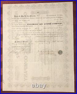 Pocomoke Bay Oyster Co NJ / MD VA connections 1886 stock certificate not tin can