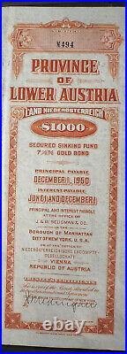 Province of Lower Austria 1000$ 7 1/2% Gold Bond 1925 uncancelled + coupons