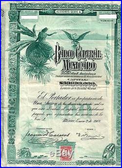 RARE UNCANC 1908 BANCO CENTRAL MEXICO BOND w COUPONS No Rubber Stamps 1905 $299