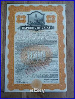 REPUBLIC OF CHINA, 1000 $ Bond von 1919, Coupons, Certificate