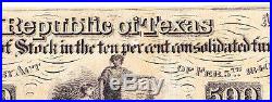 REPUBLIC OF TEXAS 10% $500- 1840 - 11X CHARLES de MORSE SIGN. Criswell 40F