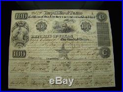 Rare 1840 Republic of Texas $100 Certificate of Stock Charles DeMorse