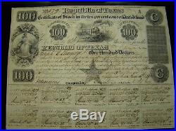 Rare 1840 Republic of Texas $100 Certificate of Stock Charles DeMorse