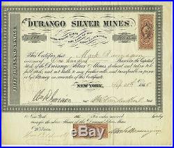 Rare 1865 Stock Certificate Durango Silver Mines Incorporated in New York