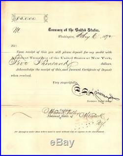 Rare 1872 $5000 Treasury Of The United States Document W / F E Spinner Signature