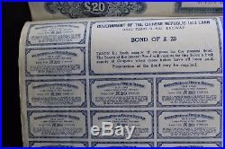 Rare! 1913 China sterling bond loan Lung Tsing U hai railway20 Super Petchili