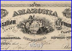 Rare Antique Stock Certificate Amazonia Colonization & Commercial Co Peru 1869