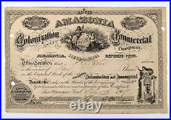 Rare Antique Stock Certificate Amazonia Colonization & Commercial Co Peru 1869