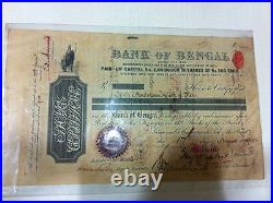 Rare Bank Of Bengal Vignetted Stock Share Certificate Emboss Dividend Back 1902