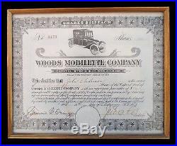 Rare Framed 1917 Woods Mobilette Company Stock Certificate #8171 Arizona Seal
