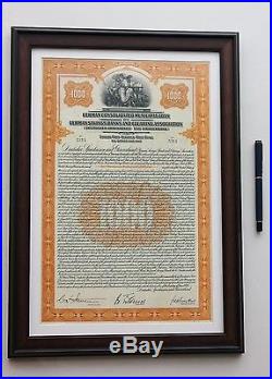 Rare! German Savings Bank (SBCA) 1928 Gold bond / $1000 Dollar loan - framed