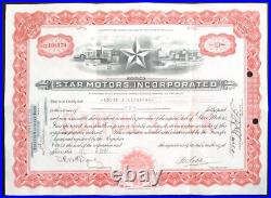 Rare STAR MOTORS DURANT 1924 Stock Certificate 10 Shrs First Station Wagon