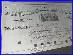 Rare South Park and Leadville Shortline Railroad Co. Stock Certificate 1886
