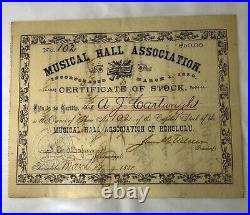 Rare Vintage 1880 Honolulu Musical Hall Stock Certificate A J Cartwright