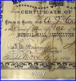 Rare Vintage 1880 Honolulu Musical Hall Stock Certificate A J Cartwright