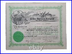 Red Lodge, MO 1914 Jeffery Hardware Co Stock Certificate #5 Issued To O. Johnson