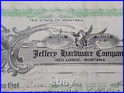 Red Lodge, MO 1914 Jeffery Hardware Co Stock Certificate #5 Issued To O. Johnson