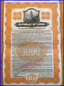 Republic of China 6% Secured $1000 Dollar Gold Loan 1919 PASS-CO Authentication