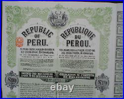 Republic of Peru 10 £ 5% Gold Bond 1921 uncancelled + complete coupon sheet