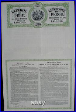Republic of Peru 10 £ 5% Gold Bond 1921 uncancelled + complete coupon sheet
