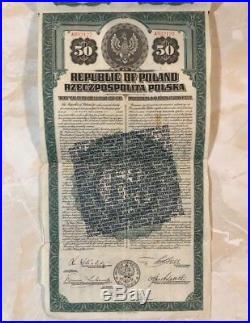 Republic of Poland $50 Dollar Gold Bond 1 April 1920 Due 1940 Rare Issue