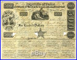 Republic of Texas $500 Bond Certificate. Charles DeMorse. 1840