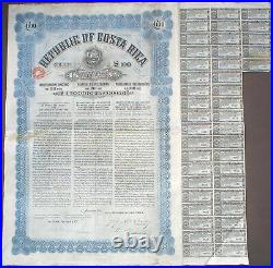 Republica de Costa Rica 5% 100 £ Bond 1911 uncancelled + coupons Waterlow & Sons