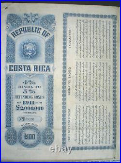 Republica de Costa Rica 5% 100 £ Bond 1911 uncancelled + coupons Waterlow & Sons