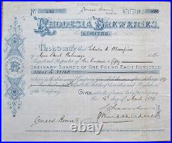 Rhodesia Breweries 1899 Beer Stock Certificate, Africa African Brewery