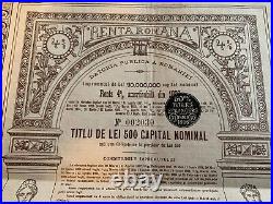 Romania 1896 Renta Romana 500 Lei AUR NOT CANCELLED rare gold Bond Loan cupons