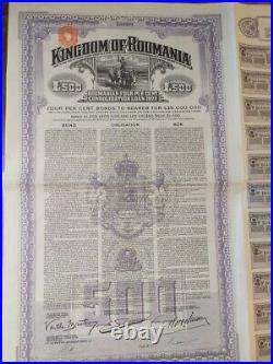 Romania 1922 Kingdom Roumania 500 Sterling Gold Coupons Bond Loan Obligation
