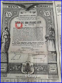 Romania 1929 Renta Romana 1000 franci AUR gold Bond Loan uncancelled with cupons