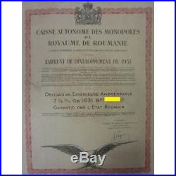 Roumania, 1931 Kingdom of Romania 1000 Francs External Loan 7 1/2%