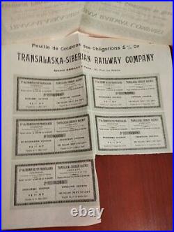 Russian 1909 Transalaska Siberia Railway 100 Dollars Gold Coupons Bond Loan RARE