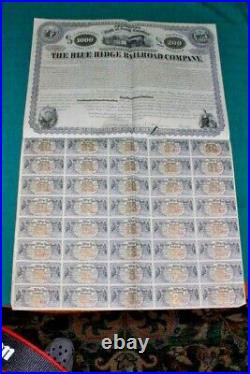 #S360, Blue Ridge Railroad Stock/Bond $1000 Rare Full Coupons, S Carolina, 1860